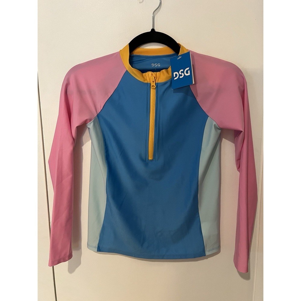 NWT DSG‎ Girls' Long Sleeve Rash Guard Top Size Large Blue Pink 1/2 Zip Sun